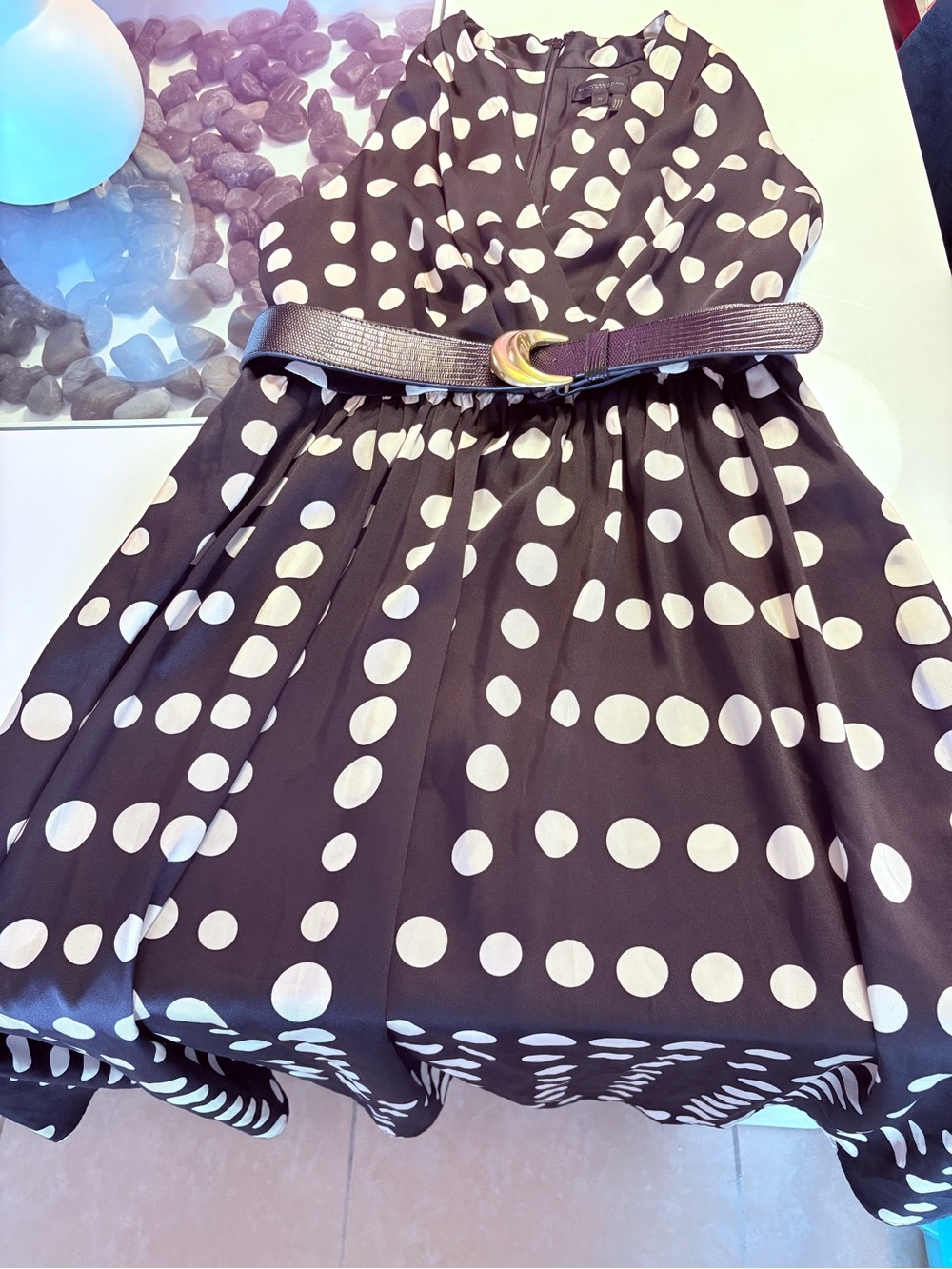 Donna Karan Black and Cream Polka Dot Halter Midi Dress - Picture 3 of 13